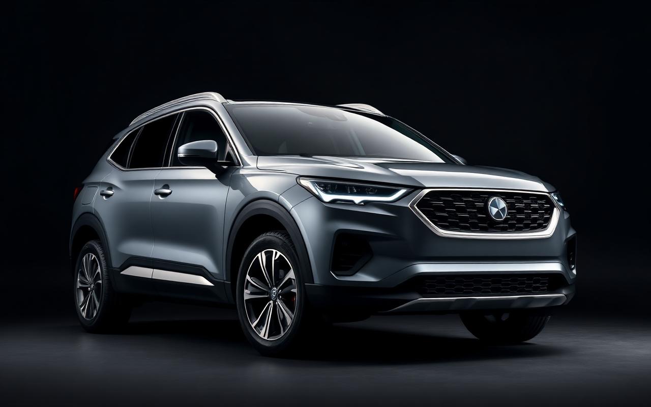 Hyundai Tucson — Grey crossover SUV rental car, front three-quarter view