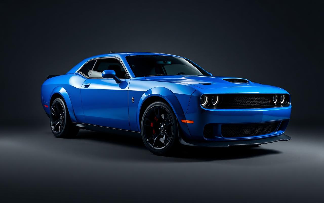 Dodge Challenger — Blue muscle car coupe rental, front three-quarter view
