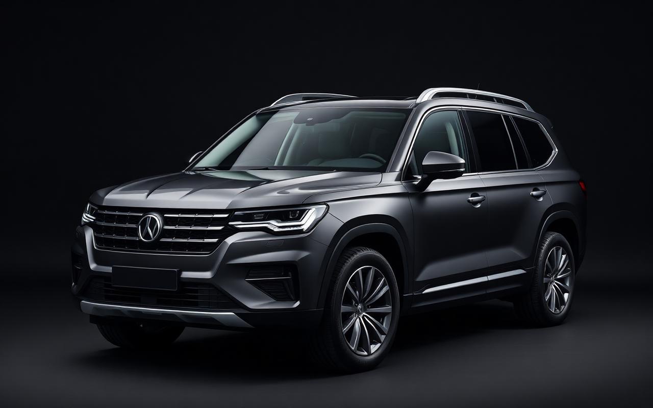 Volkswagen Teramont — Dark grey seven-seater SUV rental car, front three-quarter view